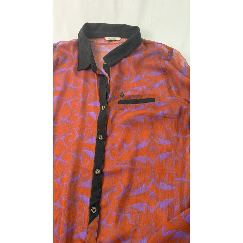 Volcom‎ Sheer Button Front Blouse Orange Purple Abstract Print Lightweight Shirt - Picture 7 of 13
